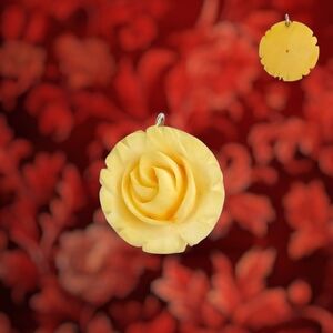 Vintage Carved Bone Ivory Blooming Rose Pendant Silver-tone Loop